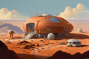 Fototapeta na wymiar Moving to Mars: Small base in surreal Martian landscape, Generative AI