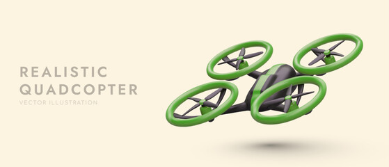 Realistic quadcopter in air. Tilted 3D image with shadow. Vector illustration of copter with four motors. Powerful drone, modern equipment for aerial reconnaissance