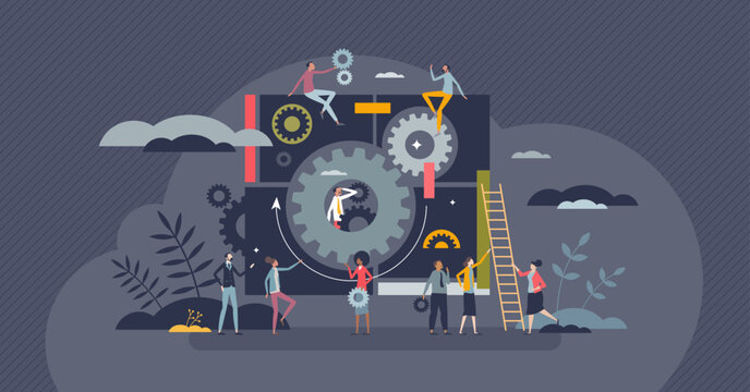 Productivity and company work efficiency management tiny person concept. Performance progress with effective task control and teamwork vector illustration. Business as cogwheel system with employees.