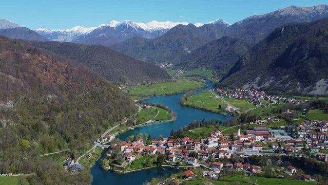 Aerial view of Most na Soci Town by Soca River in Slovenia