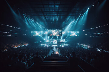 Obraz na płótnie Canvas E-sports arena, filled with cheering fans and colorful LED lights. Players compete on a large stage in front of a massive screen, generative AI