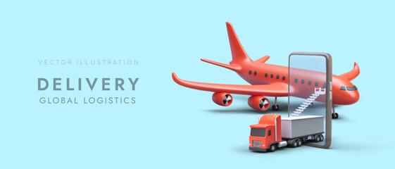 Delivery of global cargo. Complex international logistics. Air and ground transportation. 3D plane, truck and smartphone in bright saturated color. Advertising of online services