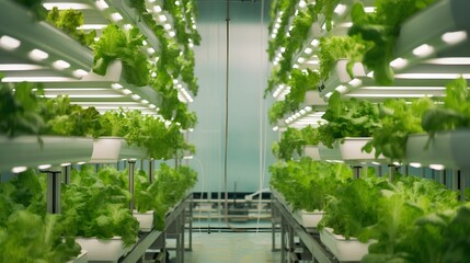 Vertical agriculture, featuring shelves brimming with lush green plants. Modern farming optimizes space, reduces resource usage, and embodies a sustainable approach to urban agriculture. Generative AI