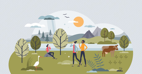 Nature and green environment beauty in ecological field tiny person concept. Animals and birds flora or fauna protection, respect and conservation vector illustration. Sustainable climate harmony. - obrazy, fototapety, plakaty