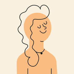 Young smiling girl in yellow color silhouette with black outline. Flat style. Vector illustration.