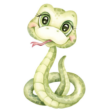 Funny green snake cartoon, cute cartoon animal hand drawn watercolor illustrations