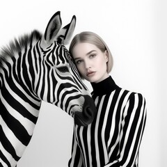 A young adult woman poses with wild animal th bold black and white zebra stripes, creating an exotic animal-themed portrait. Generated AI.