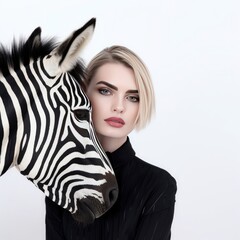 A young adult woman poses with wild animal th bold black and white zebra stripes, creating an exotic animal-themed portrait. Generated AI.