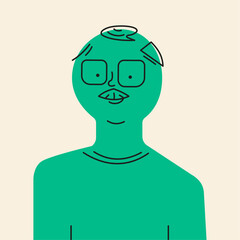 Male grandfather elderly smiling silhouette green color with black outline. Flat style. Vector illustration.