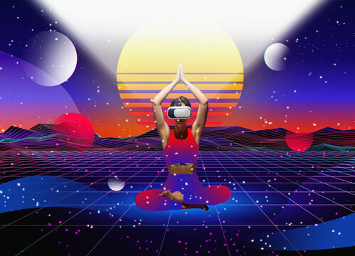 Sportive slim girl wearing vr glasses and training yoga against colorful background with abstract elements. Contemporary art collage. Concept of virtual reality, modern technology, sport, cyberspace