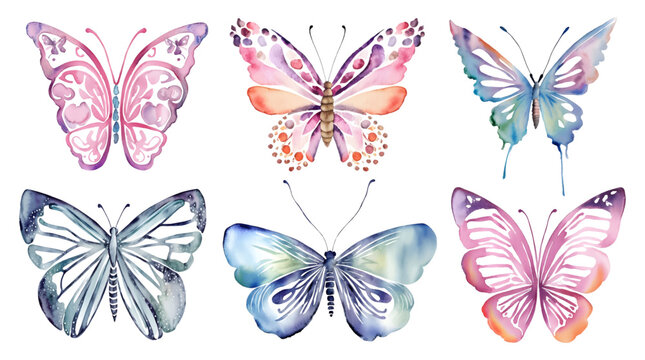Watercolor butterfly pink and blue clipart set. Hand drawn illustration