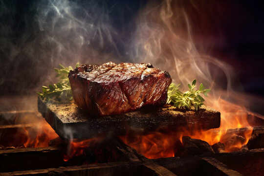 Rindersteak Rumpsteak gew&uuml;rzt mit Kr&auml;utern auf Grill mit Flammen und Rauch. Querformat. Generative Ai.
