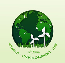 green world in circle with windmill on the grass. world environment day  june 5 concept in illustrator paper art design.