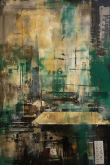 Ethereal Cityscape A Vibrant Fusion of Mixed Media, Stylized Urban Art, and Light Gold-Green Palette on Canvas AI generated