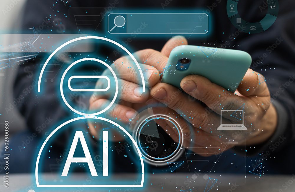 Poster man using laptop or smartphone with chat with ai, artificial intelligence, system artificial intelli