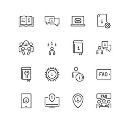 Set of info and help desk related icons, privacy policy, manual, rule, instruction, inform, guide, reading, info center and linear variety symbols.