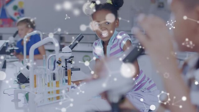 Animation of molecular structures over diverse schoolchildren suing microscopes in science class