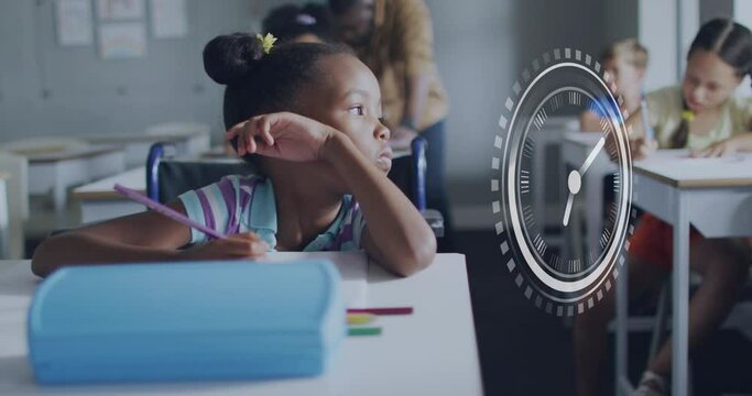 Animation of clock over bored african american schoolgirl at desk in class