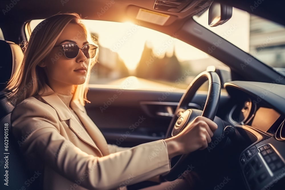 Wall mural Close-up of woman hands on steering wheel. Driving concept. Generative AI