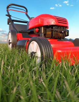 Close up detail of a modern red petrol lawnmower on a bright sunny summers day 3d render