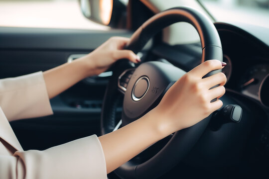 Close-up Of Woman Hands On Steering Wheel. Driving Concept. Generative AI