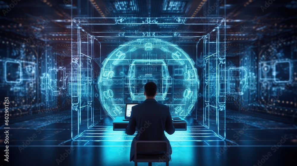 Poster A businessman is sitting at a computer, working on a computer.Generative AI
