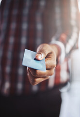 Man, hand and credit card for online shopping, payment or checkout and purchase at retail store. Closeup of male person, hands or customer showing debit for ecommerce, transaction or banking to pay