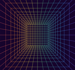 Grid room in perspective in 3d style. Indoor wireframe from rainbow laser beam,  digital empty box. Abstract geometric design