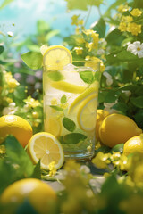Fresh lemonade in the summer in the garden, sunshine, lemon and mint, juicy summer drink, cocktail, Generative AI