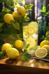 DIY Fresh lemonade on a wooden table, lemon tree, mint, juicy summer drink, cocktail, Generative AI
