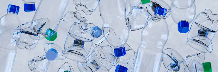 Large collection of clear used water bottles grouped together in a rubbish pile concept 3d render