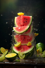 Freshness, watermelon pieces with water splash, lemon and lime fruit, black background, Generative AI
