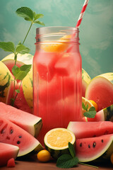 Fresh watermelon lemonade with mint, lemon slice of fruit, Generative AI
