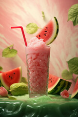 Fresh watermelon sorbet, pink granita with slice of fruit, summer background, Generative AI