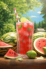 Fresh watermelon lemonade with mint and slice of fruit, summer background, Generative AI