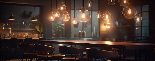 empty brasserie with large table lit by lanterns. Generative Ai. 