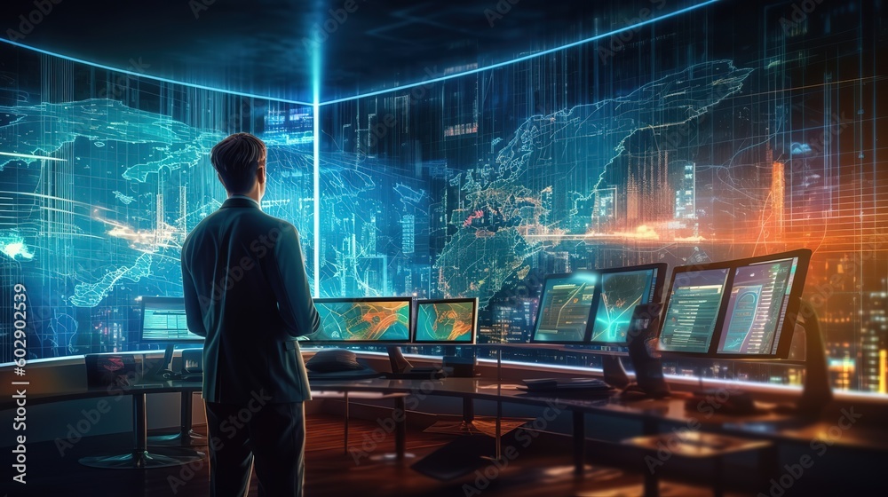 Fototapete A businessman programmer looks at graphs, statistics, formulas.Generative AI