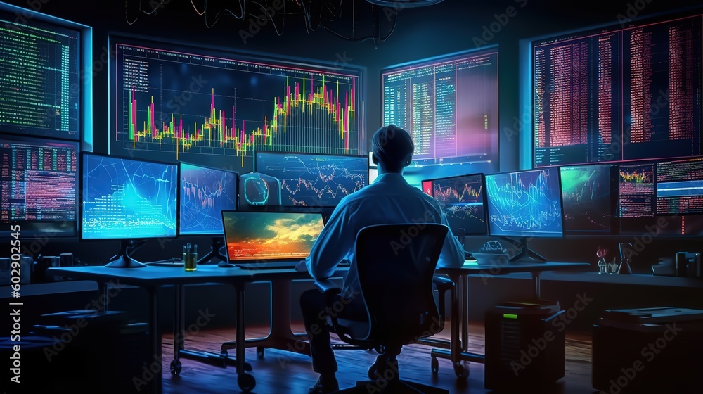 Aufkleber A businessman programmer looks at graphs, statistics, formulas.Generative AI