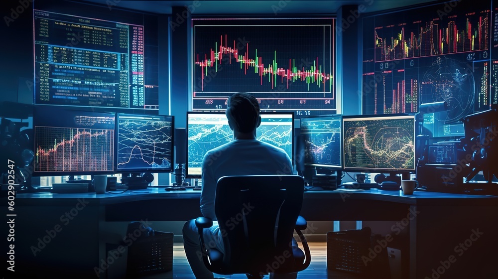 Fototapete a businessman programmer looks at graphs, statistics, formulas.generative ai