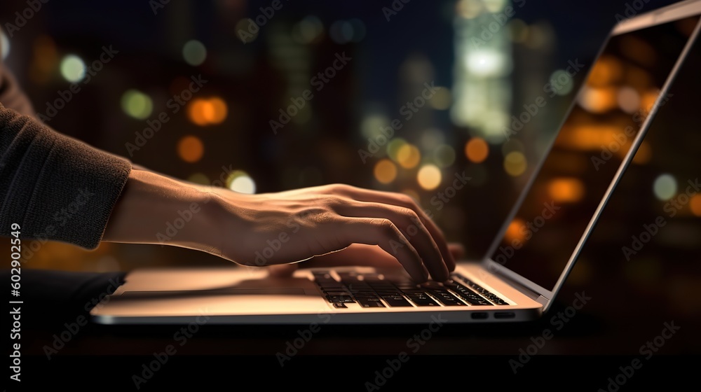 Poster A businessman is sitting at a computer, working on a computer.Generative AI