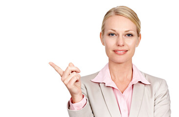 Portrait, pointing and woman with mockup, business and entrepreneur isolated against white studio background. Face, female person or consultant with hand gesture, decision or opportunity with choices