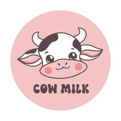 Vector cartoon cute cow character mascot for milk flar style isolated with inscription Cow milk 