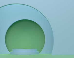 Pastel green cylinder podium with steps on blue background