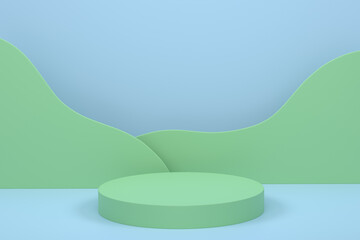 Pastel green cylinder podium with steps on blue background