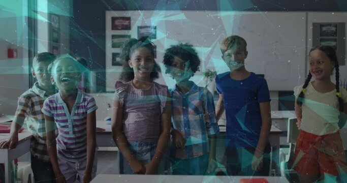 Animation of networks moving over happy diverse schoolchildren standing in classroom