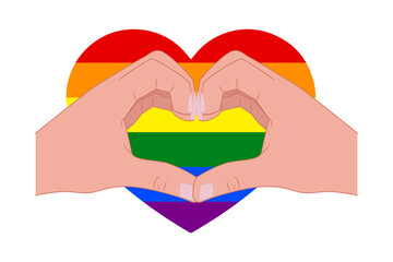 Vector heart with rainbow flag. hands gesture making heart. isolated on white background. An element of LGBT