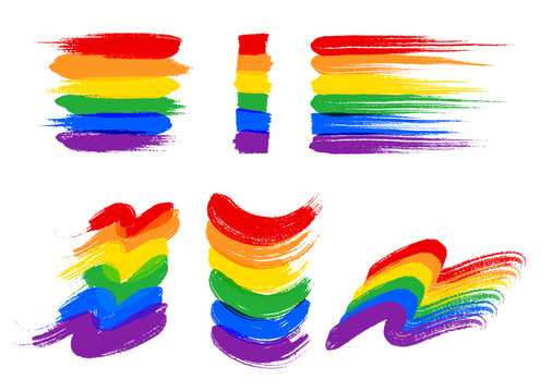 Rainbow pride LGBT flag paint set. Lesbian, Gay, Bisexual and Transgender rights. Pride month. Colored flags painted with brush on white background. Vector illustration.