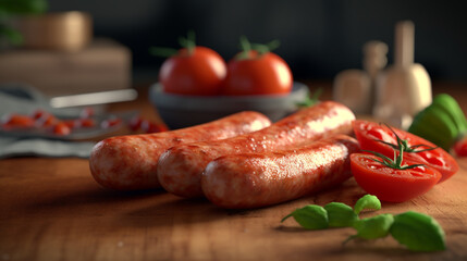 sausage with tomatoes on a cutting board, close-up. Generative Ai.  - obrazy, fototapety, plakaty