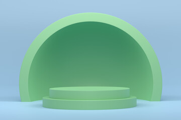 Pastel green cylinder podium with steps on blue background