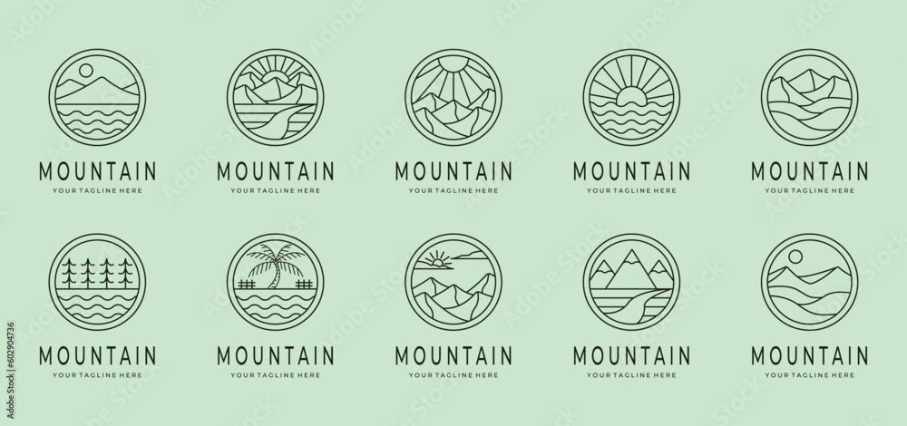 Wall mural set bundle collection various mountain icon logo vector symbol illustration design, mountain landscape line art design